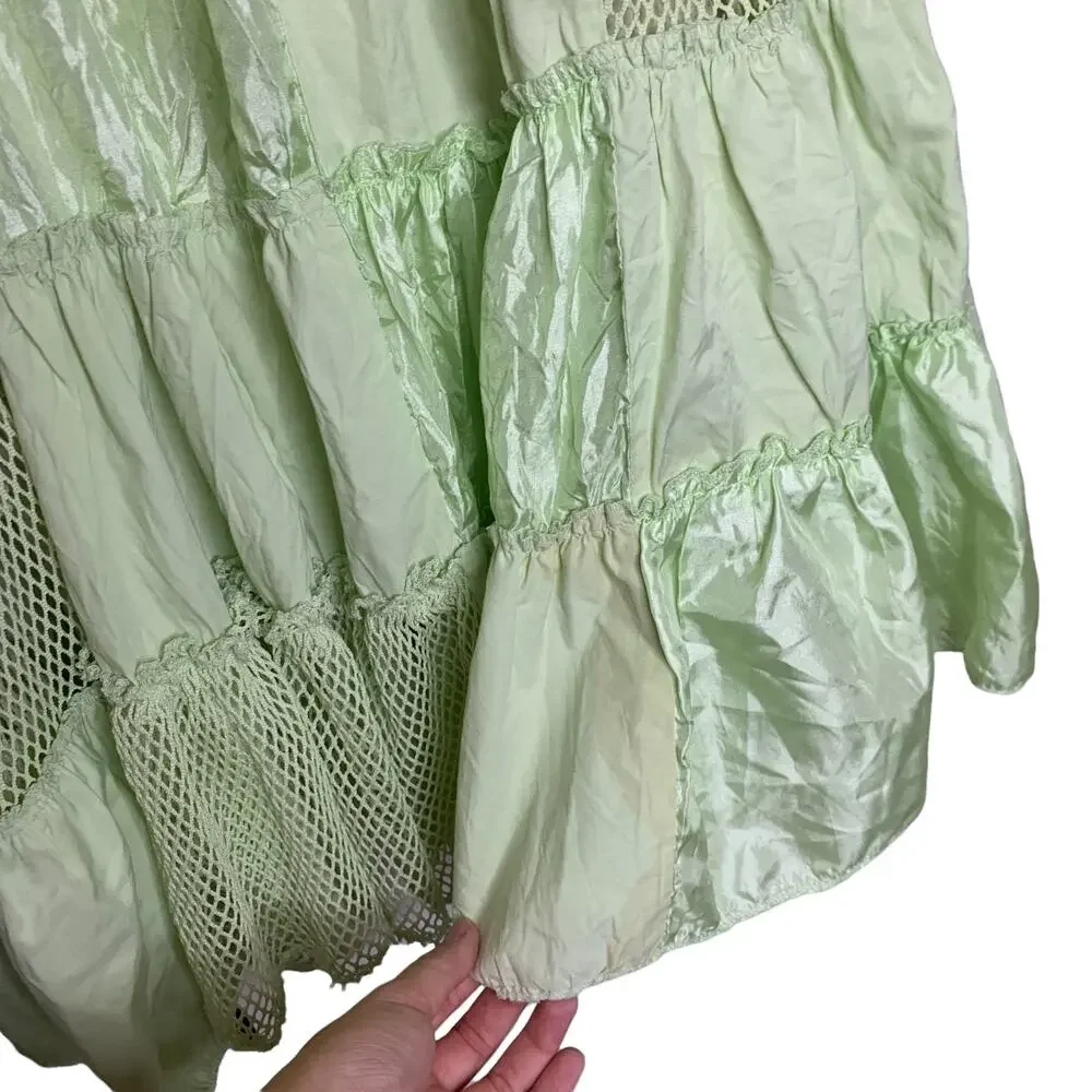 My Industry Denim Creative Boho Green Checkered Midi Mesh Skirt Size Medium